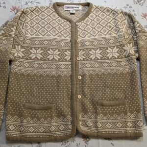 Vintage Crystal-Kobe Fair Isle Cardigan Nordic Tan Cream Sweater Small